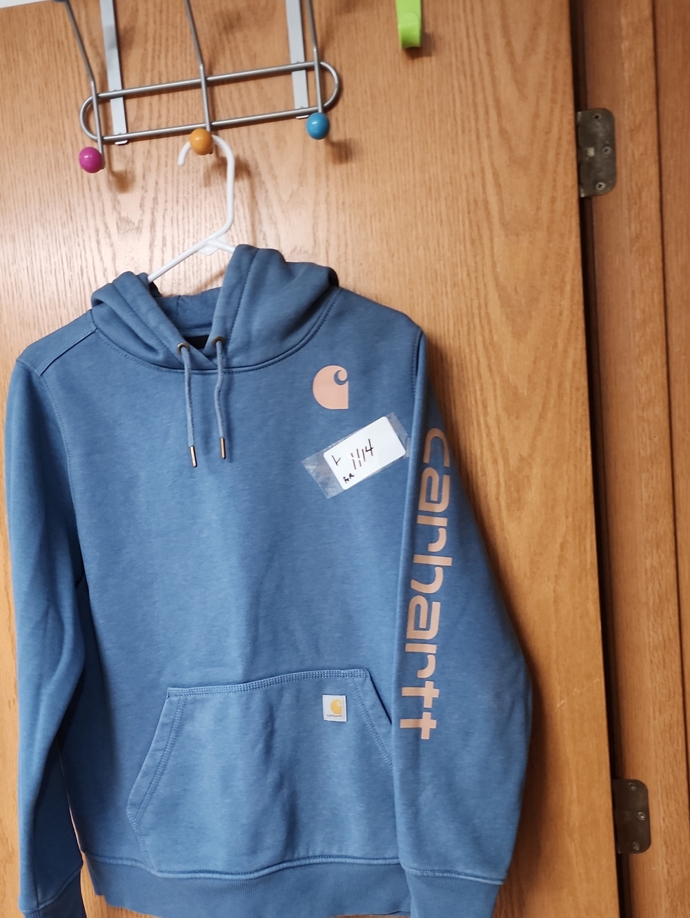 Carhartt womens Slate Blue Crewneck Hoodie with Tan Logo L number 1114 - Picture 3 of 6